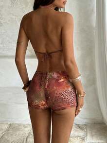 Aloruh Sexy Backless Y2K Animal Print 2 Pieces Set, Vacation Casual ShortsSexy Backless Y2K Animal Print 2 Pieces Set, Vacation Casual Shorts,Brown 2pcs,Summer Outfits For Women,Easter,Party Outfit,Beach Outfits For Women,Beach Top+Beach Shorts,Holiday Outfits,Vacation Outfits For Women,Casual Sets For Women,Music Festival Concert,Two-Piece Set - Multicolor - View 3