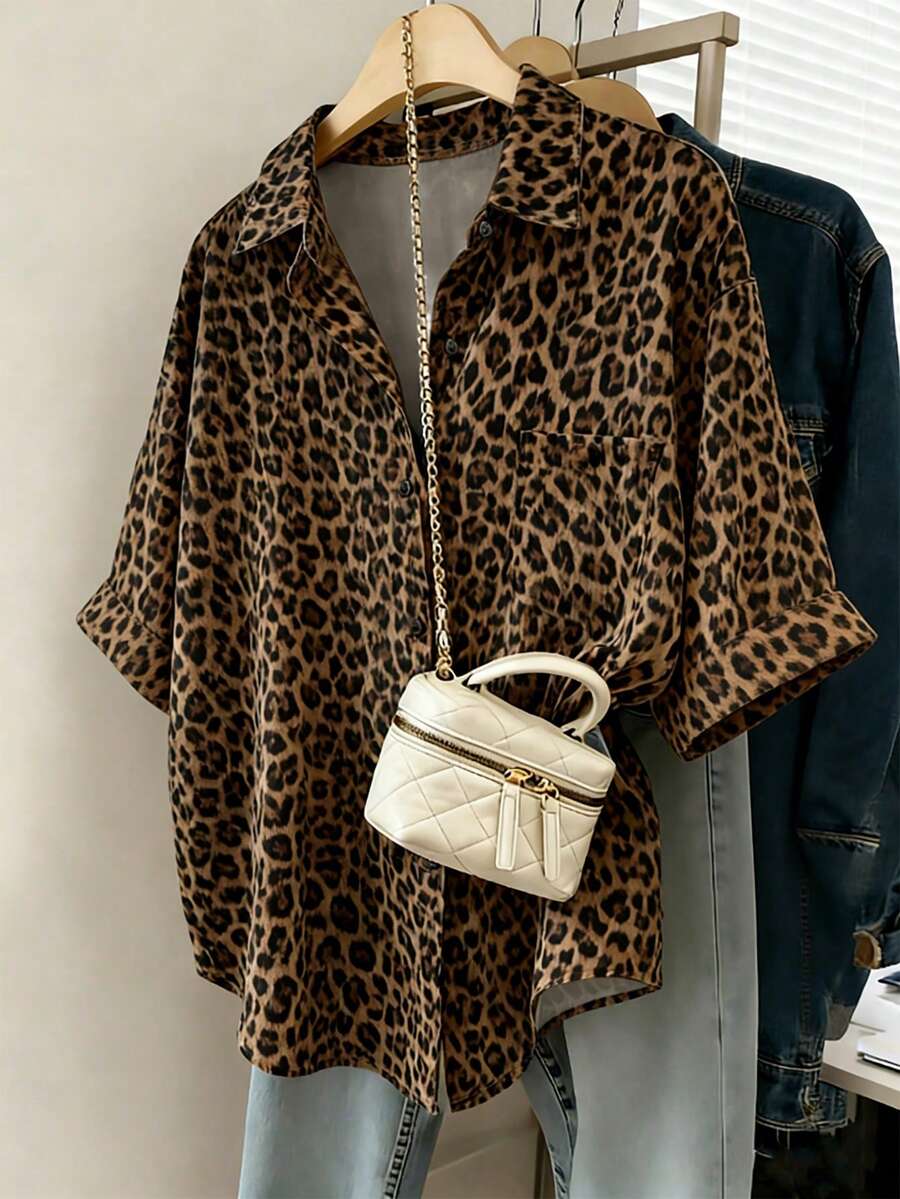 Franclia Women's Chic Leopard Print Blouses,Dark Brown Loose Fit Half Sleeve Shirts,Fall Winter Everyday Casual Simple Versatile Cheetah Pattern Blouses - Multicolor - View 1