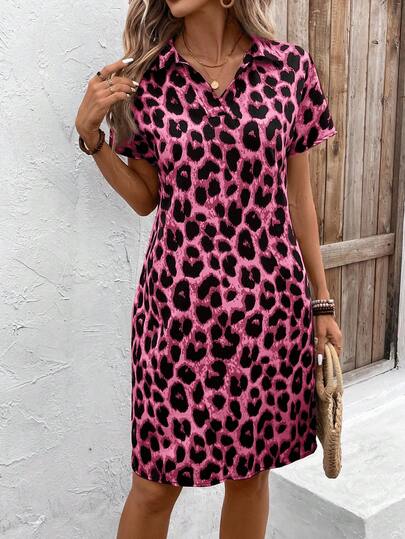 EMERY ROSE Plus Size Half-Zip Short Sleeve Leopard Print Casual Loose Summer Dress