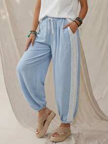 Wildy Women's Light Blue Lace Contrast Patchwork Tapered Pants, Casual Boho Western Country Chic Summer Vacation Holiday Autumn Commuting - Blue - View 1
