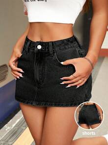 SHEIN PETITE 女式休闲黑色带口袋牛仔短裙 - 黑色 - 查看 7