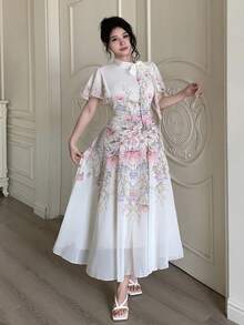 Modelyn Petite Women's Elegant Floral Print Tie Neck Flutter Sleeve Waist Cinched Midi Dress, Suitable For Summer Afternoon Tea And Dates - Multicolor - View 4