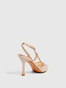 CUCCOO SZL Zapatos de tacón alto para mujer de unicolor con parches, decoración metálica, estilo casual simple, para primavera, vacaciones de primavera, Pascua, baile de graduación y Navidad - Red de hilo de bordar con champán - Ver 3