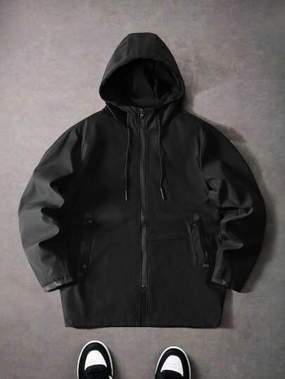 PAVTROS 男士纯色连帽拉链长袖中长款防风外套