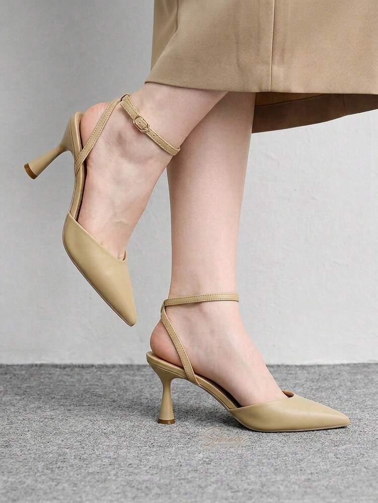 CUCCOO BIZCHIC Women Shoes Pointed Thin High Heel Apricot Back Ankle Strap Slingback Simple Classic Women's High Heel Shoes Daily Versatile Commuter Temperament Fashion Party Women's Slingback Shoes