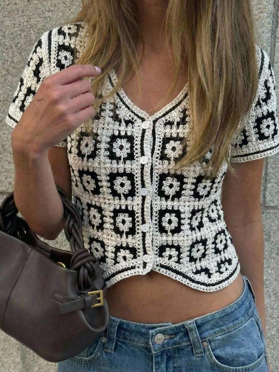 SHEIN EZwear 女士休闲钩编蕾丝短袖轻薄开衫 - 彩色 - 查看 1