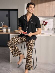 CoupledUp Men's Collared Solid Color Short Sleeve Top And Leopard Print Pajama Pants Set - Multicolor - View 5