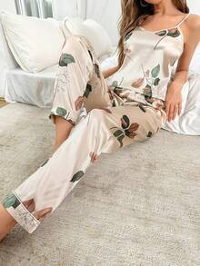 LuxeNights Conjunto de pijama con top de cami y pantalones de satén con estampado floral - Albaricoque - Ver 4