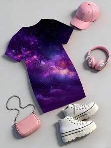 一套女童休闲韩流明星卡通渐变色短袖圆领针织连衣裙，舒适百搭，适合日常和度假穿着，春夏季节外出皆宜。 - 彩色 - 查看 2