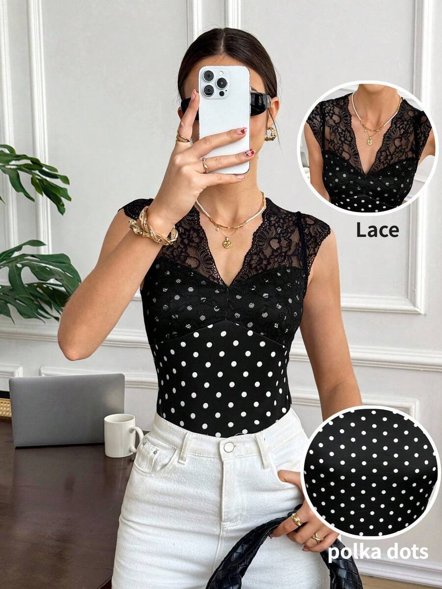 Serisse Blusa elegante de mujer con parches de encaje y estampado de lunares, para verano - Blanco y Negro - Ver 1
