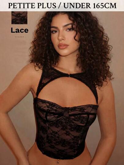SHEIN PETITE CURVE Plus Size Women Lace Top, Black Camisole, Detachable Bustier Crop Top For Music Festival Holiday, Concert Outfit, Summer Tops, Summer Outfit For Women , Festival Outfits For Women , Beach Outfit For Women,Wedding , Graduation,Vacation Outfits Women , Black Tops,Suitable For Daily Wear, Festivals, Weddings, Commuting, School, Graduation, Shopping, Office, Outdoor, Beach