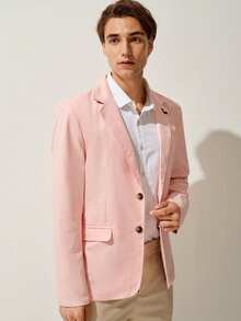 RONVEXI 男士翻领鸟形刺绣单排扣长袖西装外套，时尚通勤外套燕尾服西装外套 - 粉色 - 查看 4