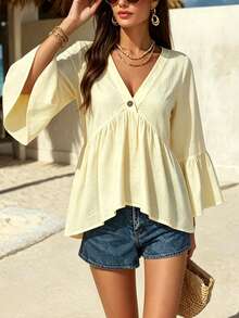 EMERY ROSE White V-Neck Ruffle Sleeve Women's Casual Shirt - Apricot - View 4