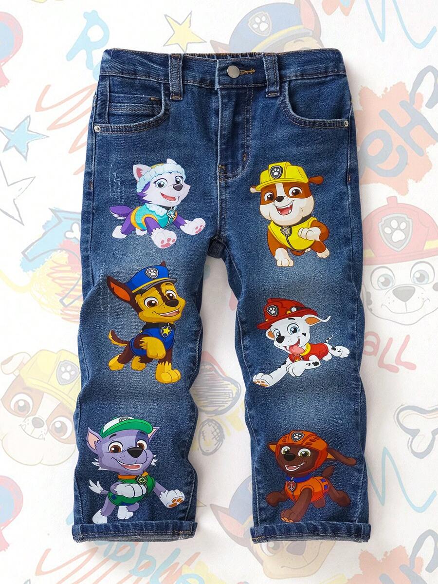 SHEIN | PAW Patrol 小男孩卡通小狗印花口袋拉链休闲牛仔裤 - 藍色 - 查看 1