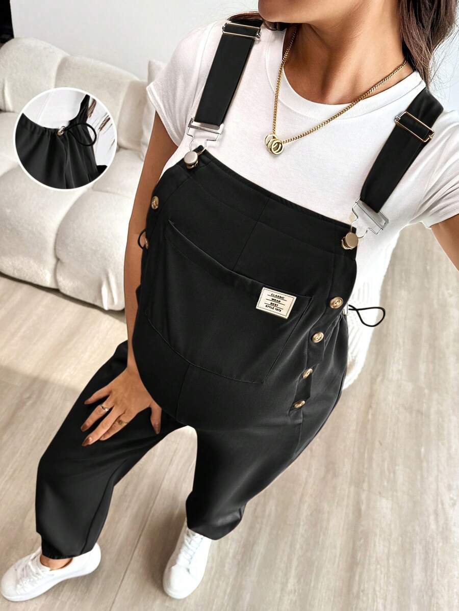 SHEIN Pregnant Women Casual Daily Pocket & Button Decor Jumpsuit - Black - View 1