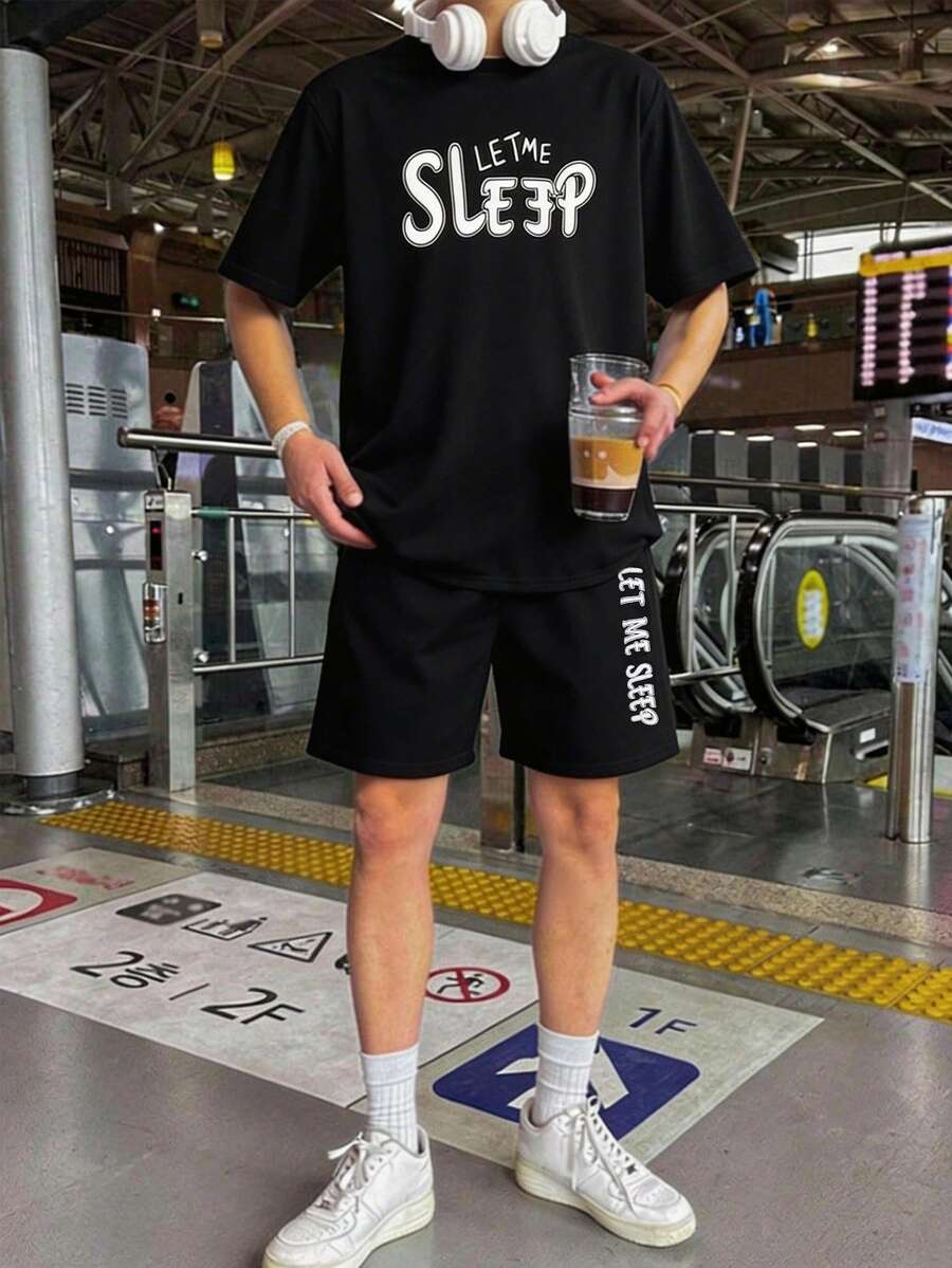 SHEIN 青少年男童返校季黑色字母印花休闲舒适时尚简约百搭柔软面料，适合日常穿着、上学、外出等场合。 - 黑色 - 查看 1