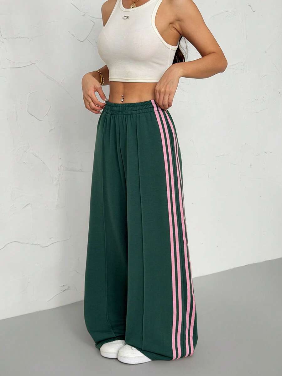 SHEIN PETITE Quần nỉ nữ ống rộng cạp chun, kẻ sọc bên hông, dáng rộng thoải mái, thích hợp cho mùa xuân hè và mùa tựu trường.