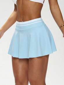 CourtClass CourtClass Culottes plissées polyvalentes à blocs de couleurs avec poches pour femmes, jupe plissée de golf sport, jupe de tennis bleu clair affinante, mini-jupe avec poches. - Bleu azur - Voir 5