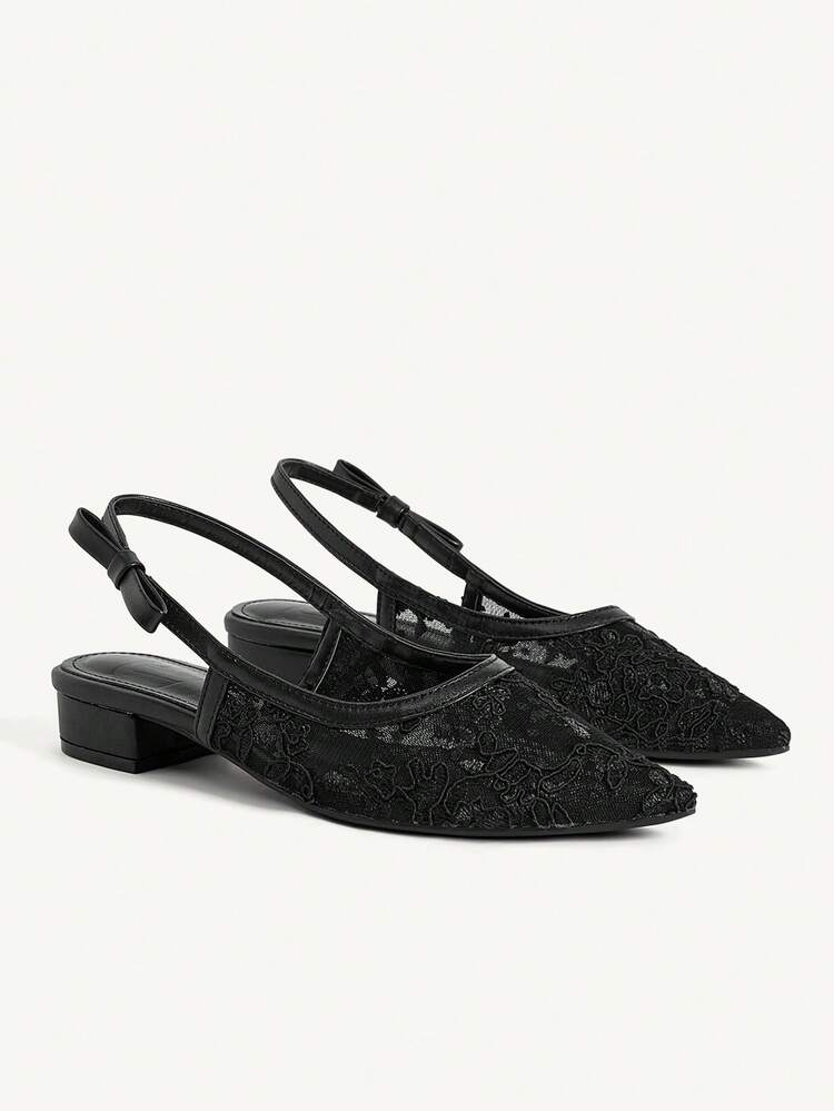 CUCCOO CHICEST Women Shoes Pointed Thick Heel Black Lace Mesh Back Strap Sexy Fashion Elegant With Skirt Daily Versatile Banquet Party Women Flat Shoes Back Strap Slingback Shoes