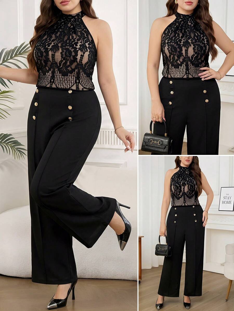 Ellevyn 大码优雅通勤蕾丝吊带上衣和裤子两件套，夏季 - 黑色 - 查看 1