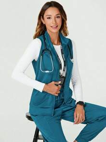 TaskEZ Solid Color Stand Collar Zip-Up Sleeveless Scrub Uniform Jacket - Mint Green - View 4