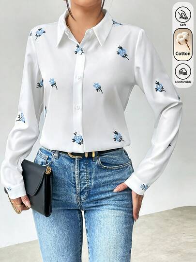 Selianne Women's Casual Embroidered Floral Blouse, Long Sleeve Fitted Shirt With Button Design, Suitable For Work, Office, Business, Summer, Beach, Date, Daily Wear