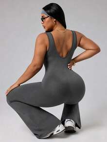 Rhythm Era Plus Size Women's Minimalist Solid Color Backless Shapewear Breathable Comfortable Flared Jumpsuit - Dark Grey - View 5