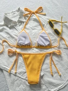 Swim Mod 女士纯色提花面料荷叶边系带两件式比基尼套装，夏季黄色两件式泳衣，黄色两件式泳装，女士黄色泳衣，黄色两件式泳装套装，黄色两件式比基尼套装，女士比基尼套装，女士钩针编织泳装，沙滩度假两件式套装 - 黃色 - 查看 6