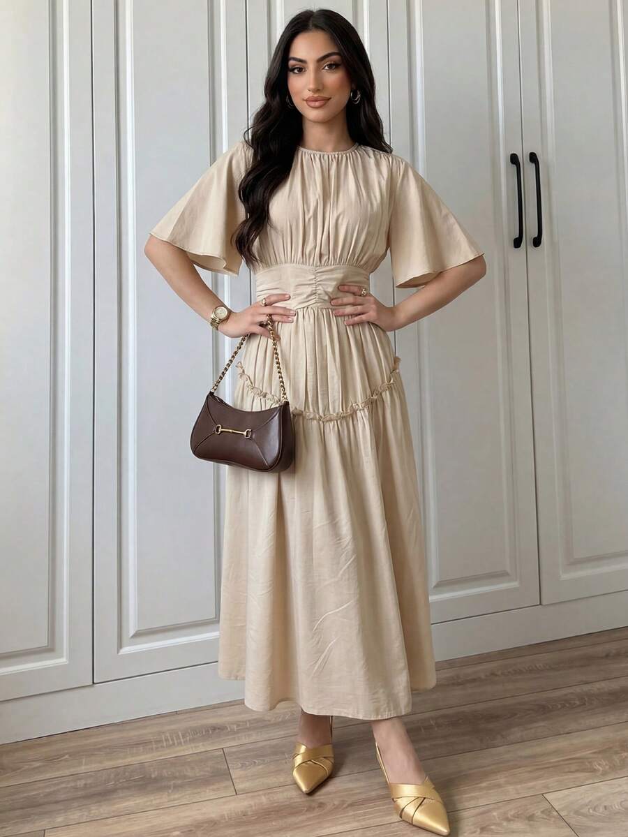 Selianne Women's Solid Color Casual Sexy Pleated Long Dress Golf Pastal Summer - Apricot - View 1