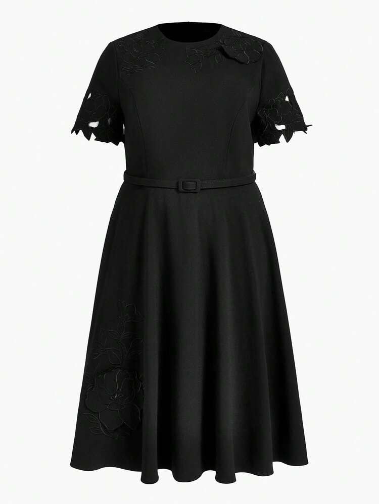 PLUS SIZE WOMEN'S EMBROIDERED MID-LENGTH DRESS, SPRING/SUMMER