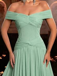 Glamrae Đầm chữ A thanh lịch, trễ vai, chất liệu vải dệt kim, thiết kế xếp ly, eo xòe rộng, thích hợp cho các buổi dạ hội, sự kiện kinh doanh, tiệc trà riêng tư, sinh nhật, các sự kiện ngày lễ, váy dạ hội dự tiệc cưới, đầm dự tiệc tối. - Màu xanh Bạc hà - Xem 7