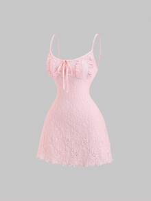 Sweetra Women's Soft Pink Lace Knit Mini Dress,Summer Cottage Core Picnic Sweet Bow Tie Strap Camisole Dress,Fitted A-Line Silhouette For Dates - Pink - View 7