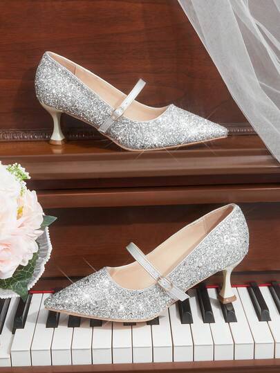 CUCCOO HITCHD Women'shoes Spring And Summer New Stiletto High Heel Romantic Elegant Silver Glitter PU Women's High Heel Shoes Dress Shoes Bridal Shoes Wedding Season Party Valentine's Day Elegant Wear