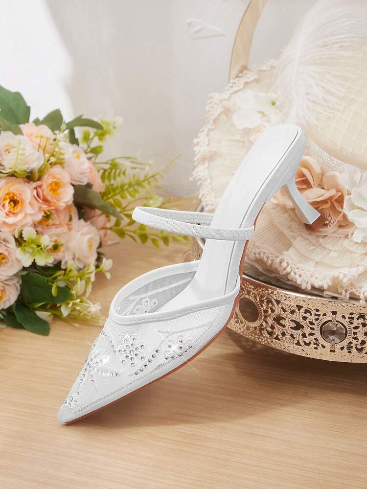 CUCCOO HITCHD Pointed Breathable Mesh Rhinestone Hollow Fashion Embroidery Temperament Versatile Sexy Fairy Banquet White High Heels