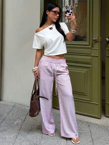 FavEase Áo thun nữ tay ngắn màu trắng, dáng rộng, không đối xứng, thích hợp cho kỳ nghỉ hè. - trắng - Xem 6