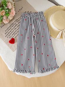 SHEIN Celana Anak Perempuan Kasual Lucu Gaya Pedesaan dengan Ruffle dan Saku Palsu Motif Ceri, Cocok untuk Sehari-hari, Aktivitas Luar Ruangan, dan Liburan - Hitam dan Putih - View 3