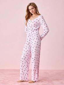 Bonmuse Bộ đồ ngủ áo và quần in họa tiết hoa anh đào toàn thân, tay dài, mùa lễ, họa tiết hoa lộng lẫy, ấm cúng và thanh lịch, trang phục thu đông - Màu Hồng baby - Xem 6