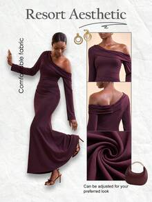 Zivah Women's Elegant Dark Purple One Shoulder Maxi Dress,Autumn Dining Asymmetric Long Sleeve Wrap Ruched A-Line Gown For Wedding Guest,Party,Office Wear - Burgundy - View 2