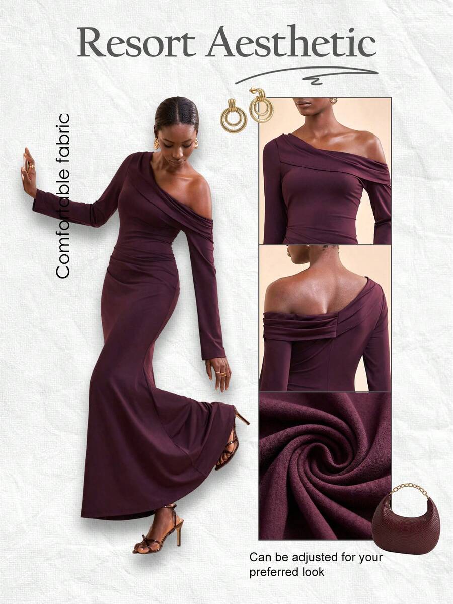 Zivah Women's Elegant Dark Purple One Shoulder Maxi Dress,Autumn Dining Asymmetric Long Sleeve Wrap Ruched A-Line Gown For Wedding Guest,Party,Office Wear