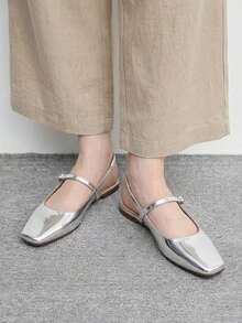 CUCCOO BIZCHIC 女士小方头平底银色镜面低帮平底露跟鞋轻便舒适简约通勤日常百搭女士平底鞋 - 鐵板銀 - 查看 7