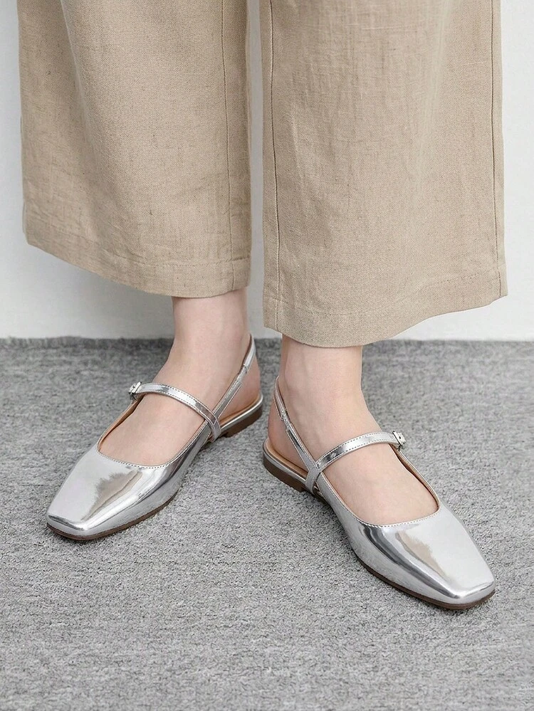 CUCCOO BIZCHIC Women Shoes Small Square Toe Flat Bottom Silver Mirror Women Low Vamp Flat Bottom Slingback Shoes Light Comfortable Simple Commuting Daily Versatile Women Flat Sole Shoes