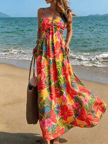SHEIN Holidaya 女士夏季度假吊带连衣裙，热带印花吊带连衣裙，波西米亚风彩色碎花连衣裙，高腰显瘦露背热带碎花连衣裙 - 彩色 - 查看 3
