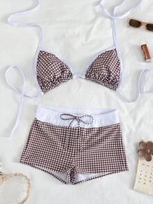 Swim Mod 2026 New Spring/Summer Plus Size Women Plaid Random Print Sports Shorts Swimwear Bikini Set,White Summer Beach Holiday Holiday,New Year Party - Multicolor - View 10