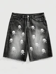 ROMWE MEN Goth 男士宽松水洗印花直筒休闲牛仔短裤 - 黑色 - 查看 1