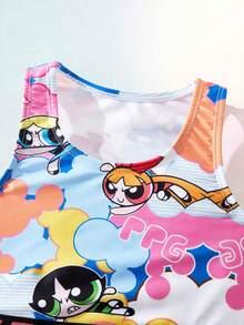 THE POWERPUFF GIRLS X SHEIN Maija Kids 2件套少女卡通字母印花泳衣套装，春夏款 - 彩色 - 查看 5