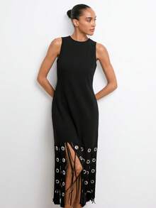 Maija Women's Solid Color Tassel Hem Round Neck Fitted Sleeveless Dress Chic Dresses For Women,Summer Dresses For Women - Black - View 6