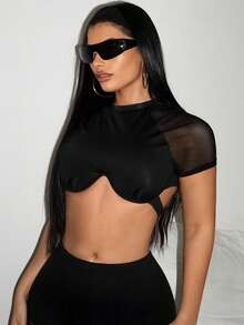 SHEIN ICON Mesh Contrast Short Sleeve Crop Top With Underwire Detail - Black - View 6