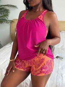 Swim Lushoire Plus Size Women Patchwork Ruched Tankini Top And Shorts Swimwear Set, Suitable For Summer Vacation - Coral Orange - View 5