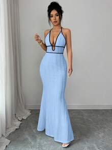 Rafferiza 女士纹理紧身吊带连衣裙，性感度假/约会之夜装扮，黑色滚边，春夏款 - 藍色 - 查看 3