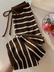 Comfortcana Plus Size Women Casual Striped Knit Sweater & Pants Set - Brown - View 5